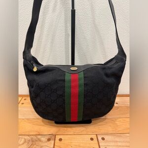 Gucci GG Web Sherry Line Black Canvas Shoulder Bag